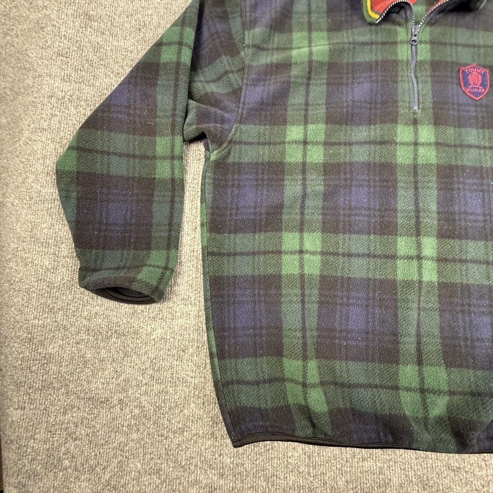Vintage Tommy Hilfiger Sweater Mens 2XL Green Plaid Fleece 1/4 Zip Pullover 90s - Picture 2 of 10